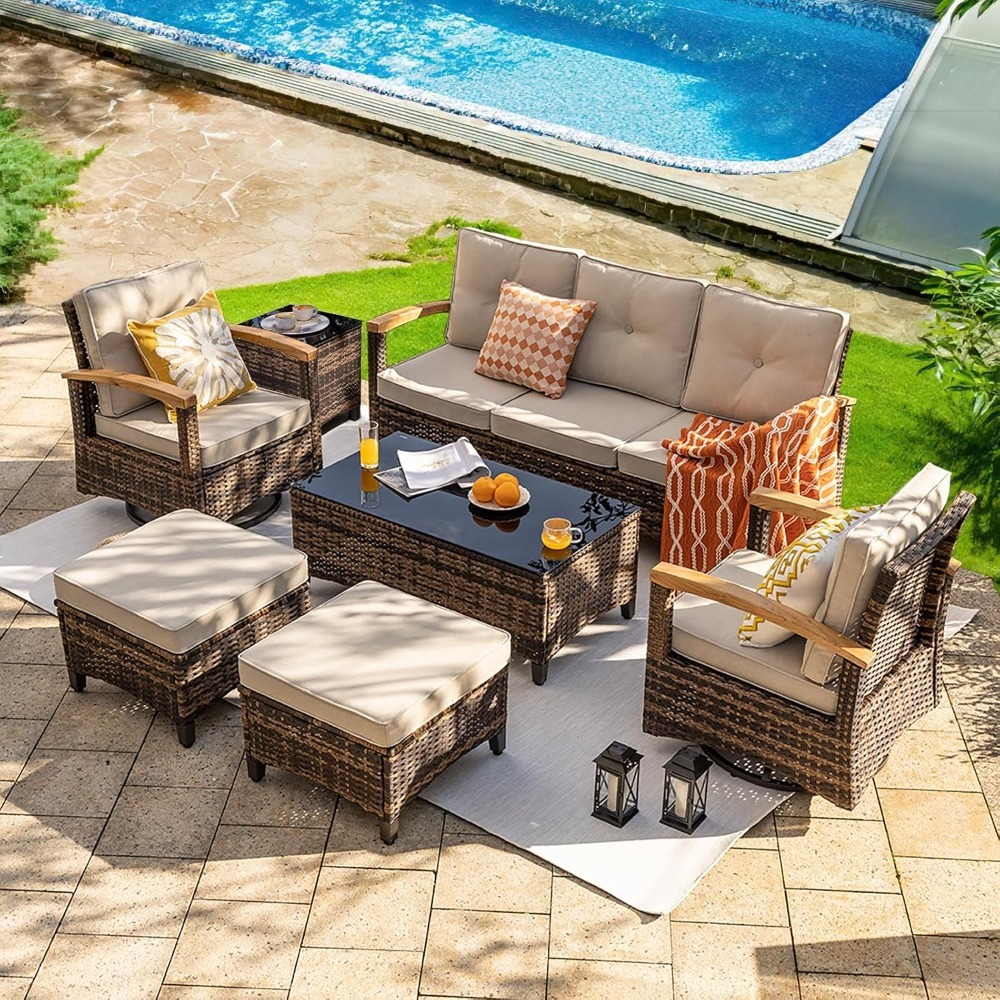 7pc PE Wicker Patio Set,Swivel - Outdoor Furniture Luxury reseña y precio