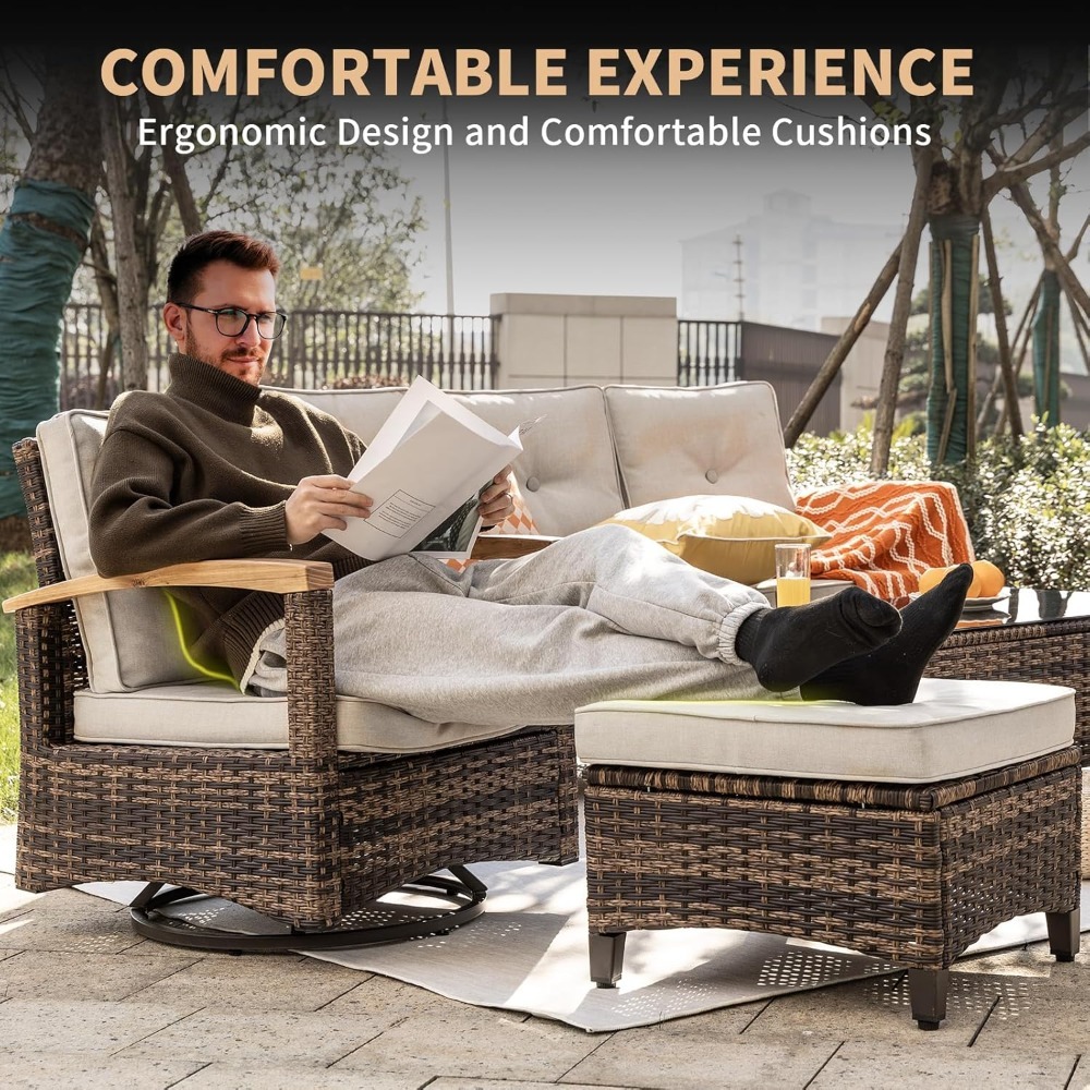 7pc PE Wicker Patio Set,Swivel - Outdoor Furniture Luxury reseña y precio